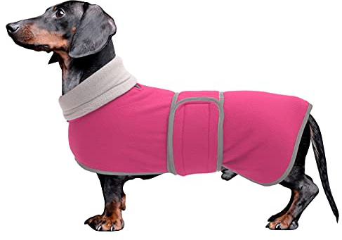 Dachshund Coats Sausage Dog Fleece Coat in Winter Miniature Dachshund Clothes with Hook and Loop Closure and high vis Reflective Trim Safety - Pink - S