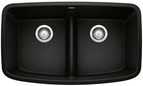 BLANCO Valea Silgranit 50/50 Double Bowl Undermount Low Divide Kitchen Sink, Coal Black