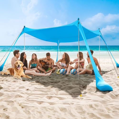 Beach Canopy Beach Tent 11X11 FT Include Blanket Beach Shade Canopy UPF50+ Sun Protection Windproof Ropes 4 Poles Carry Bag Easy to Set Up for Outdoor Camping
