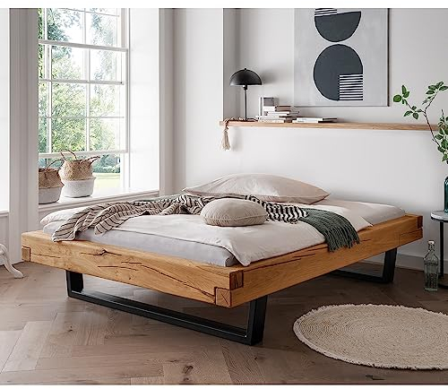 Lomadox Massivholz Doppelbett, 180x200 cm, Eiche massiv, ohne Kopfteil, Schwarze Metallkufen, B/H/T ca. 198/42/228 cm