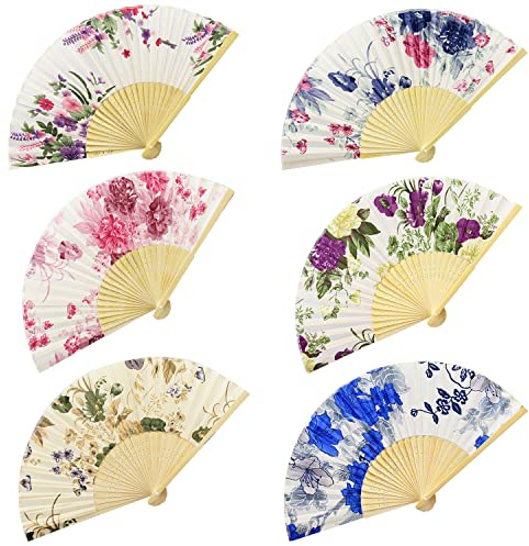 ZIOYA 6 Pezzi Ventaglio Bambu a Mano, Pieghevole in Tessuto di Seta, da Donna in Stile Cinese per Matrimonio Parete Decorazioni Danza Festa Regalo