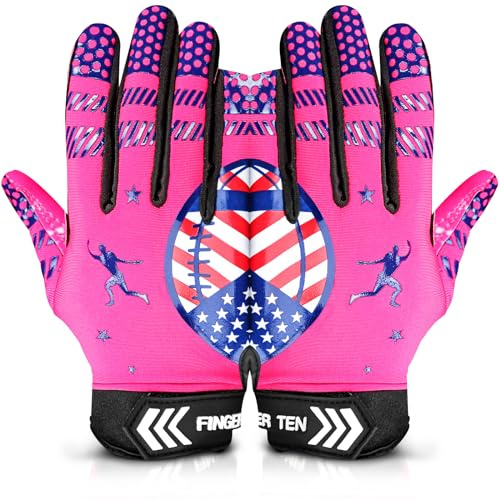 FINGER TEN American Football Receiver Handschuhe für Youth Jungen Mädchen, Torwarthandschuhe rutschfest Impact Palm Protection Outdoor Sport, Wasserdicht Gloves Fit Kinder Alter 5-14 (Rosa, S)