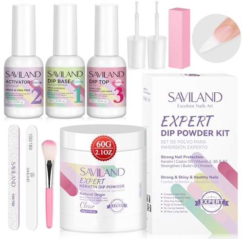 Saviland Kit de iniciación de polvo de inmersión para uñas: 60 g/2.1 oz de mayor capacidad, polvo de inmersión transparente con polvo de inmersión, activador de base de inmersión y capa superior, kit