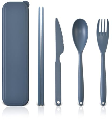 Groß Besteck Set, 1 Person Camping Besteck mit Koffer, Kunststoff Reisebesteck Löffel Messer Gabel Essstäbchen Etui, Tragbares dunkles Utensilien Set für Erwachsene Outdoor(Dunkelblau)