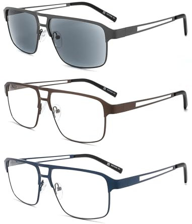 MODFANS 3 Paire de Lunettes de Lecture 2.5 Homme Anti Lumiere Bleue - Monture Rectangle en Metal Acier Inoxydable Lunettes Loupe Monture Noir-Bleu-Marron