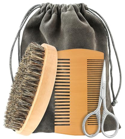 POFET 3 Pezzi Spazzola per Barba con setole di Cinghiale per Uomo Set Pettine per Capelli Portatile per pettinare i peli della Barba rimuovendo detriti Massaggi Viso