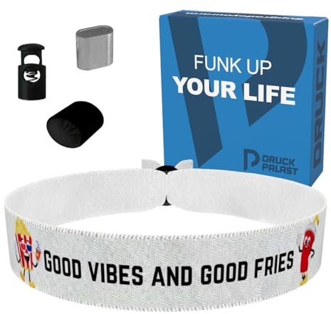 Stoffarmband mit Good Vibes und Good Fries Motiv - Buntes Satin-Armband für Foodies - Lustiges Accessoire für Essensliebhaber - Geschenkidee für Genießer - Unisex-Fashion-Armband