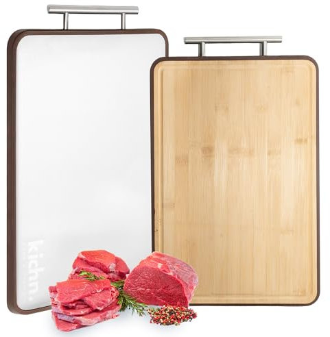 kichn. Doppelseitiges Schneidebrett aus Edelstahl & Bambusholz - 304 Edelstahl, wendbar für Fleisch & Gemüse, langlebig, stilvoll und vielseitig, Schneidebrett, Küchen-Must-Have