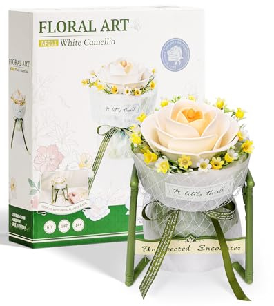 ROWOOD Puzzle 3D Camélia avec Base Bouquet de Fleurs artificielles, Kits de Modèles de Fleurs pour Adultes et Enfants, Décoration d'intérieur, Cadeau