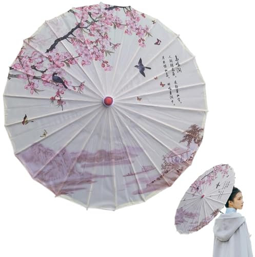 Obelunrp Chinese Umbrella, 32.3inch Chinese Landscape Painting Bamboo Umbrella, Silk Cloth Handmade Oiled Paper Umbrella, Japanese Umbrella for Wedding Parties Photography Costumes