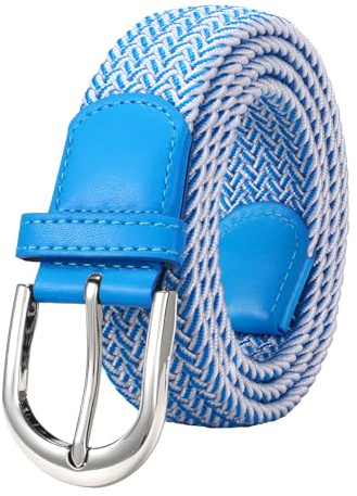 JasGood Cintura elastica in tela intrecciata elasticizzata casual per uomo e donna, Azzurro/bianco+fibbia d'argento, 115cm: Für Größe 80cm-97cm
