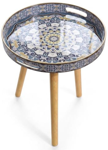 Heaven4you Round Side Table 38cm Mandala Boho Moroccan Wooden Legs Small | 38cm wide, 45cm tall, 1.8kg. Raised rim stops sliding. Carry handles. Wipe-clean top, solid wood legs. Bedside, sofa, balcony