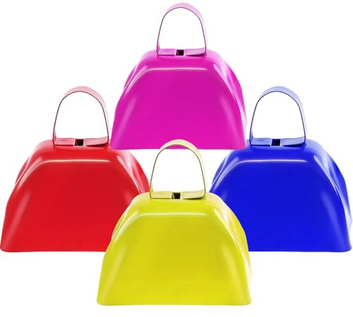 Cow Bells Noise Makers for Sporting Events, 4PCS Metal Cowbells with Handle - Small Loud Bell Bulk Hand Percussion Noisemakers for Football Games Graduation Sporting Events Weddings