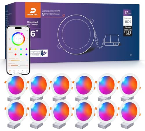 DUSKTEC Smart Recessed Lighting 6 Inch, RGBCW LED Recessed Ceiling Light Compatible with Alexa, Dimmable 16W 1500LM Canless Downlight with Junction Box for Living Room, 12 Pack