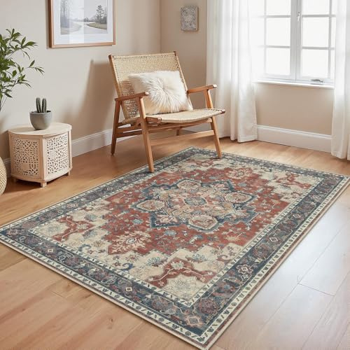 GENIMO Vintage-matta 120x170 cm, tvättbar matta, Boho-matta, matta för vardagsrum, liten matta, halksäker, sovrum, matsal, kontor, röd