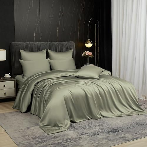 Gezu Bambú Funda de Edredón 220x240 Verde Salvia Juego de Cama 220x240 Adulto 2 Personas Tencel Lyocell Ropa de Cama Seda Lisa Sedosa Brillante Bambú con 2 Fundas de Almohada 65x65 y Cremallera