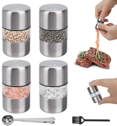 WRENYZK Lot de 4 mini moulins à sel et à poivre, petite salière pour les déplacements avec cuillère à café et clip pour sac, moulin à poivre et moulin à sel en acier inoxydable pour cuisine, camping