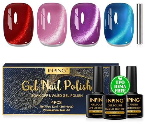 INPING Smalto Semipermanente Unghie Magnetico HEMA-FREE TPO-FREE, 4 Colori Rosso Rosa Viola Blu Jelly Cristallo Cat Eye semipermanente unghie Soak-Off UV/LED Gel Unghie per Nail Art Salone, 8 ML