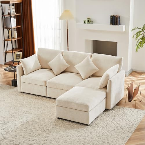 DUlVBPE Modern design, chenille-tygsoffa, tresitsig soffa, fyrsitsig soffa, L-formad hörnsoffa med fotpall, lämplig för lägenheter, video tillgänglig