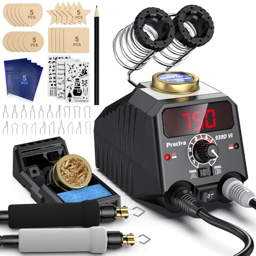 939D VI Pyrography Wood Burning Kits, Preciva WoodBurning Station with Dual Pens, Digital Display Adjustable Temperature 250-750℃, Ergonomic Heat-Resistant Handle, 20pcs Tips for Wood Leather Craft