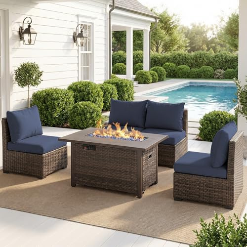 RUIJOROO Patio Furniture Set with Fire Pit Table, Outdoor Sectional Rattan Sofa Set, Patio Set Seating Furniture with Thickened Cushions (Blue, 5 Pieces)