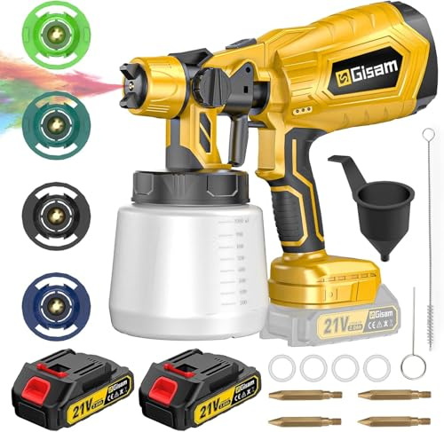 Gisam Sistema a spruzzo per vernice da parete, pistola a spruzzo a batteria, pistola a spruzzo con 2 acuu, 4 ugelli, contenitore da 1000 ml per Paint Blast (2 con 2 batterie)