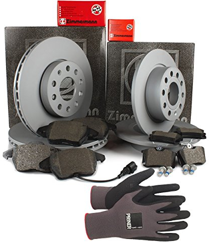 Inspektionspaket Zimmermann Bremsen Set inkl. Bremsscheiben und Bremsbeläge für vorne Ø 280 mm und hinten Ø 253 mm enthalten, 100% passend für Ihr Fahrzeug, inkl. Priner Montagehandschuhe, AN143