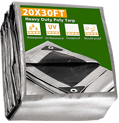 Yescom 20x30FT 14 Mil Heavy Duty Reinforced Poly Tarp Reversible Waterproof Tarpaulin Ground Sheet Cover Reversible Silver Black Tarps