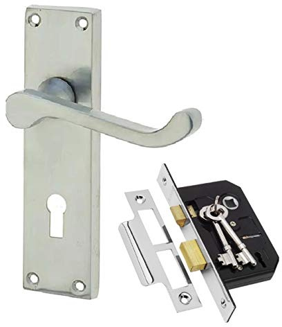 Golden Grace Victorian Scroll Door Handle Lock Pack with 2 Lever Lock and 2 Keys in Satin Brushed Chrome Finish