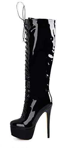 Richealnana Women's Platform Lace Up Round Closed Toe Side Zipper High Heel Knee High Boots Stiletto Heel Long Boots Faux Patent Leather Black Size 8