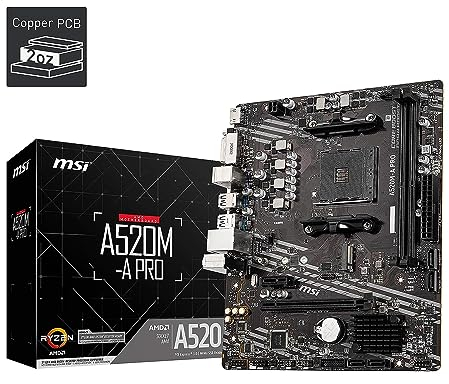 MSI A520M-A PRO Gaming Motherboard (AMD Ryzen 5000, AM4, DDR4, PCIe 3.0, SATA 6Gb/s, M.2, USB 3.2 Gen 1, DVI/HDMI, Micro-ATX)