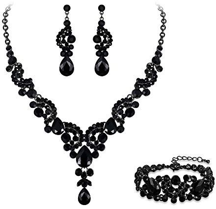 EVER FAITH Parure Femme Mariage Forme C Bijou Cristal Strass Collier Plastron Boucles d'oreilles Pendantes Ensemble Noir