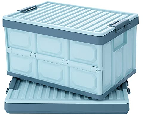 JUJIAJIA Blue Folding Plastic Stackable Utility Crates 2-Pack, Collapsible Storage Bins with Lids 30L, Durable Containers for Home & Garage Organization
