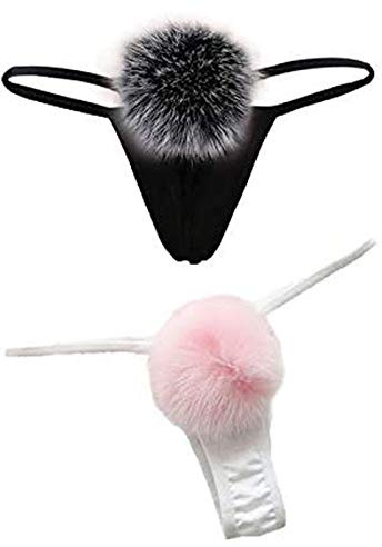 ADESUGATA Sexig stringtrosa för kvinnor med plyschboll, anime, cosplay-dräkt, underkläder, sexiga trosor, T-baksida, söt kaninsvans, G-string, pälsboll, klubb, bikini, trosor, 2-pack, Svart, rosa, 4-8