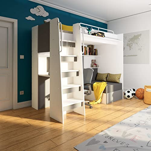 Marlux-Meble Hochbett JSM-7 90x200 TREPPE Links mit Schreibtisch Schränke und Ausklappbares Sofa 70x180 Matt Funktionsbett Etagenbett Stockbett Kinderhochbett Jugendhochbett (Graphit Matt)