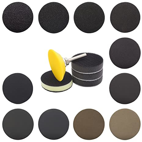 On Est Kit 440 Disque Abrasif Ø 50mm Poncage Polissage + 1 Plateau de ponçage pour Perceuse amélioré + 1 Tampon d'interface Medium + 3 Tampons en mousse Souple | Grain 80 à 5000 | Format Maxi