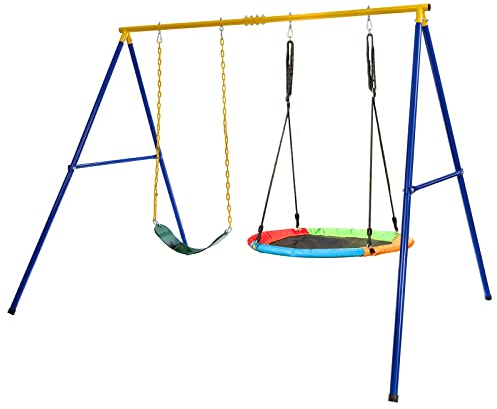 GOPLUS Set de Balançoire Exterieur avec Portique et 2 Balancoires, Balançoire 2 Places Portique Inclus pour Adulte et Enfant Charge 300KG(Jaune, avec Balançoire)