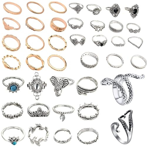 AIOMISKO Snake Octopus Knuckle Rings Set, Simple Stacking Ring for Women Men, Vintage Retro Crystal Bohemian Midi Rings, Joint Nail Cuff Statement (Set A: Mixed 41Pcs)