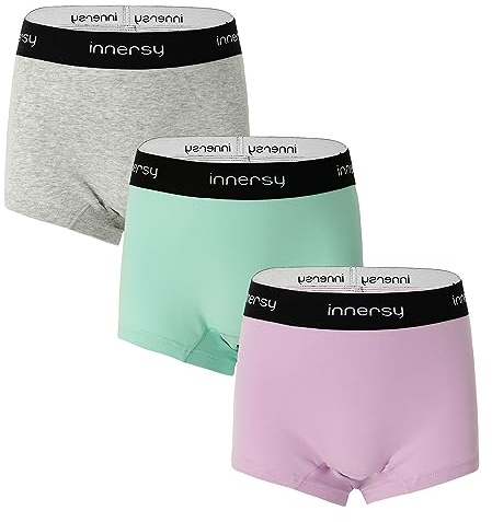 INNERSY Teen Period Pants Young Girls Boxer Shorts Leak Proof Knickers for Teenager Multipack 3 (14-16 Years, Heather Grey/Purple/Green)