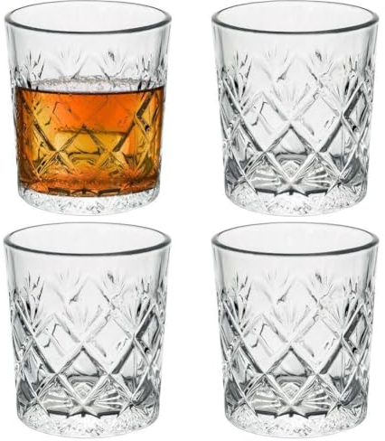GEEZY Set of 4 Whisky Glasses 230ML – Elegant Transparent Drinking Tumblers for Spirits, Vodka, Gin, Cocktail or Water – Durable Glassware Gift Set for Men – Dishwasher Safe & Stylish