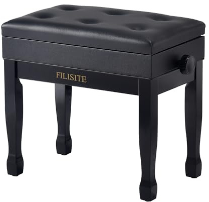 FILISITE Adjustable Height Piano Stool Bench PU Leather Cushion Wooden Keyboard Seat with Music Storage (Black)