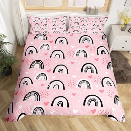 JLCZBT Set di biancheria da letto arcobaleno per bambini 135x200cm, set di biancheria da letto per ragazze rosa con stampa 3D di cartoni animati con stelle, luna, nuvole e cuori (A-2, 135 x 200 cm)