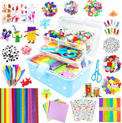 3000 Arts and Crafts Supplies for Kids Craft Kit Craft Box with Pipe Cleaners Arts and Crafts for Kids Age 4-6, 6-8, 8-12 DIY School Supplies Materials Set Toys Gifts for Girls Boys Toddlers, Blue