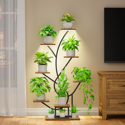 BACEKOLL Pflanzenständer mit Wachstumslicht - 8 Ebenen Blumenständer 126cm Metall Holz Pflanzenregal - Innen & Außen Blumentreppe - Dekoratives Schwarz Blumenregal für Innen Garten Balkon