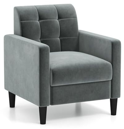 COSTWAY Relaxsessel modern, Fernsehsessel aus Samt im Mid-Century-Stil, gepolsterter Sessel mit getufteter Rückenlehne, Armlehnen & Holzbeine für Wohnzimmer Heimbüro Schlafzimmer (grau)