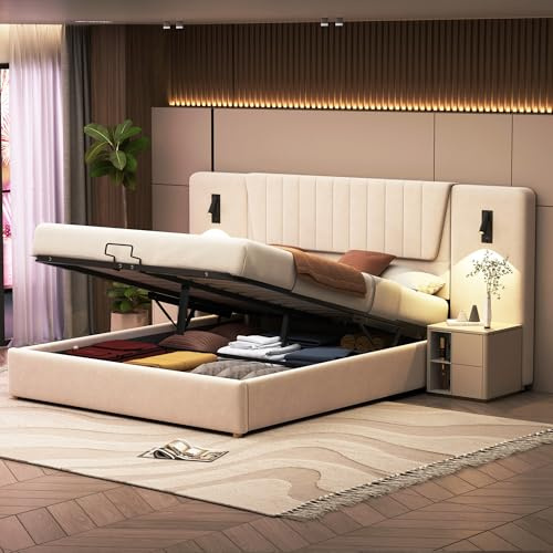 Kayan Polsterbett 180x200cm, Boxspringbett mit hydraulisches Bettkasten, Bett mit Lattenrost, Leselicht mit USB Ladefunktion Kopfteil, Stauraumbett Doppelbett Jugendbett, Samt, Ohne Matratze (Beige)