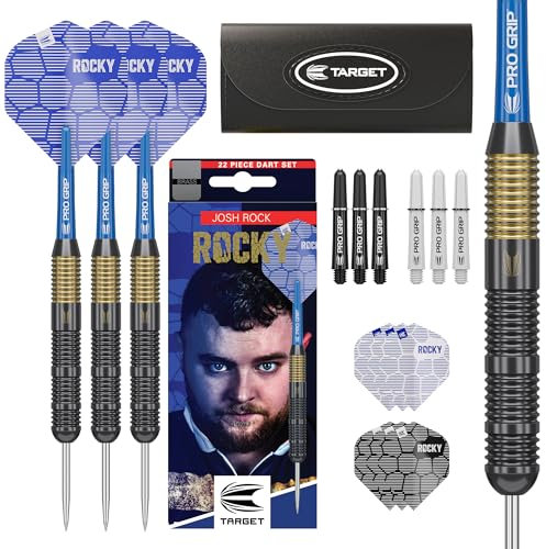 Target Darts Josh Rock Steeldarts, 22G Brass Darts, |Feste Nickel Point Spitzen Dart-Set, Player Edition Steeldarts mit festen schwarzen Spitzen, Profi Darts Zubehör & Darts Case