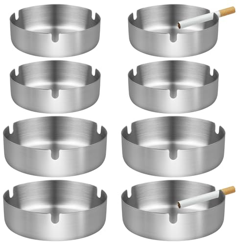 8 Pcs Stainless Steel Ashtray Set,Round Portable Cigarette Ashtray Diameter 8/10cm Ash Trays with 3 grooves,Metal Ashtrays for Indoor and Outdoor,Home and Office