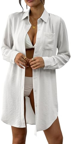 Nuotara Women’s Swimsuit Cover up,Button Down Shirt Midi Dress Kimono,Summer Bathing Suit Cover Ups Beach Coverups,Womens Blouse Top,Shirt Dress(White,L)