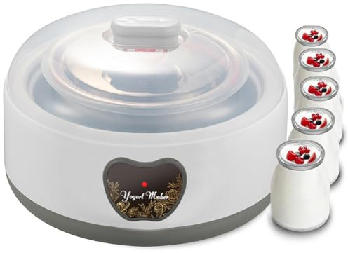 Yogurtiera elettrica yogurtiera automatica 15 W con serbatoio interno in acciaio inox da 1200 ml, 5 barattoli in vetro da 100 ml, controllo termostatico, regalo da cucina per uomo o donna